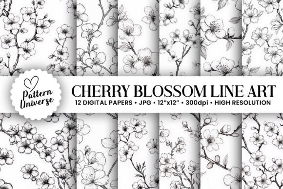 Cherry Blossom Line Art Seamless Pattern
