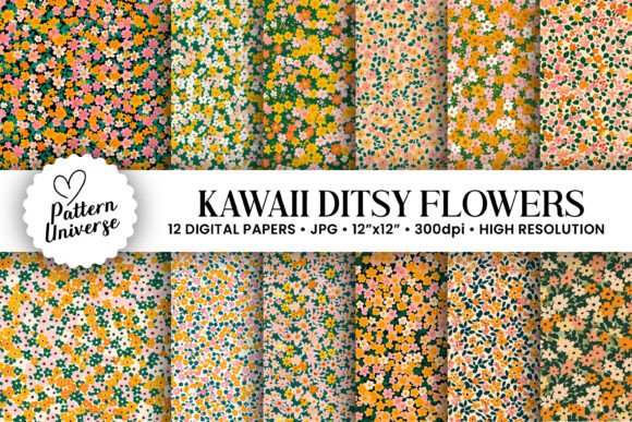 Cute Kawaii Ditsy Floral Digital Papers for Creative Expression