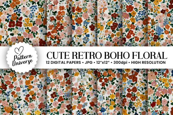 Cute Retro Boho Flowers Digital Paper for Creative Projects