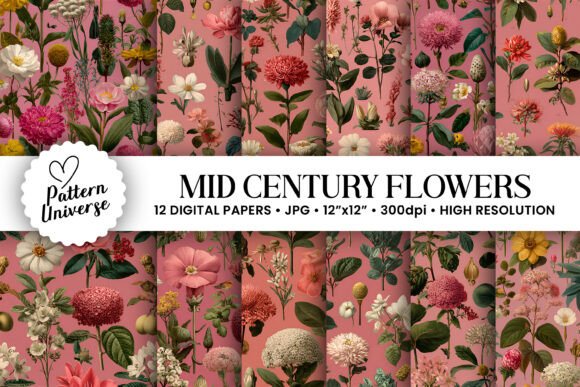Mid Century Floral Garden Digital Paper