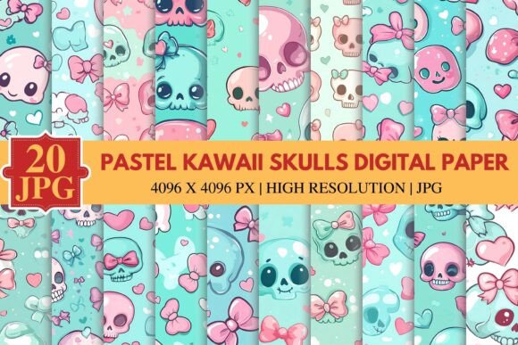 Pastel Kawaii Skulls Digital Paper