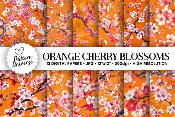 Pink Orange Cherry Blossom Digital Paper for Creative Projects