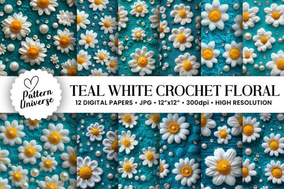 Teal White Crochet Daisy Flowers Pattern