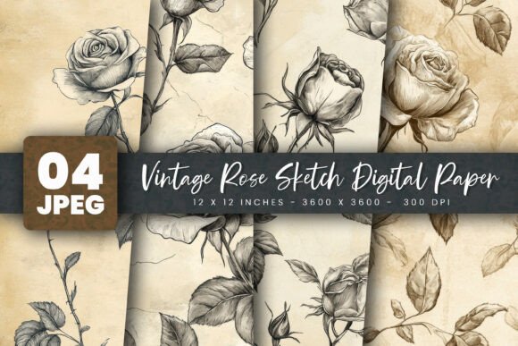 Vintage Rose Sketch Digital Paper